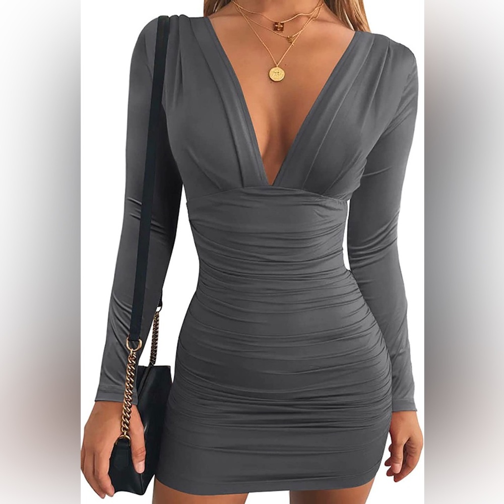 GOBLES - Women's Sexy Long Sleeve V Neck Ruched Bodycon Mini Cocktail Dress